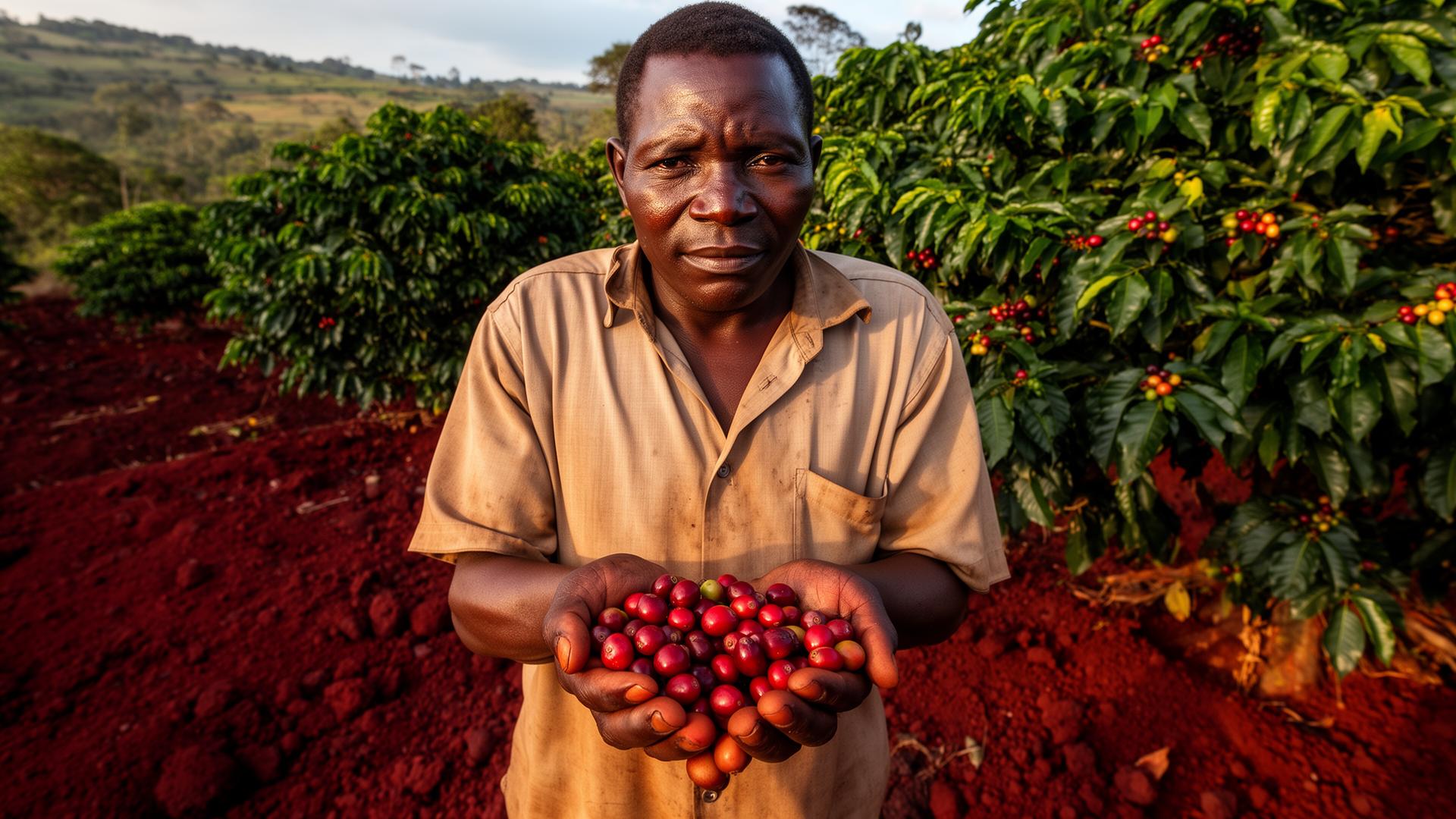 Maragwa coffee farmer holding ripe cherries